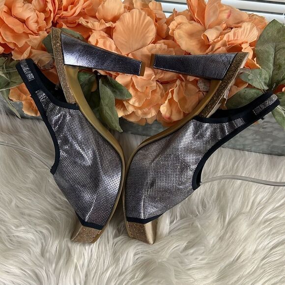 Vintage Donald Pliner Blue Metallic Stretchy Slingback Heels Size 8 - Picture 5 of 11